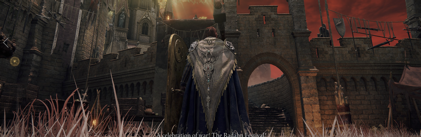 The player stands tall within a courtyard of stone and hanging weapons, before the celebration of war.