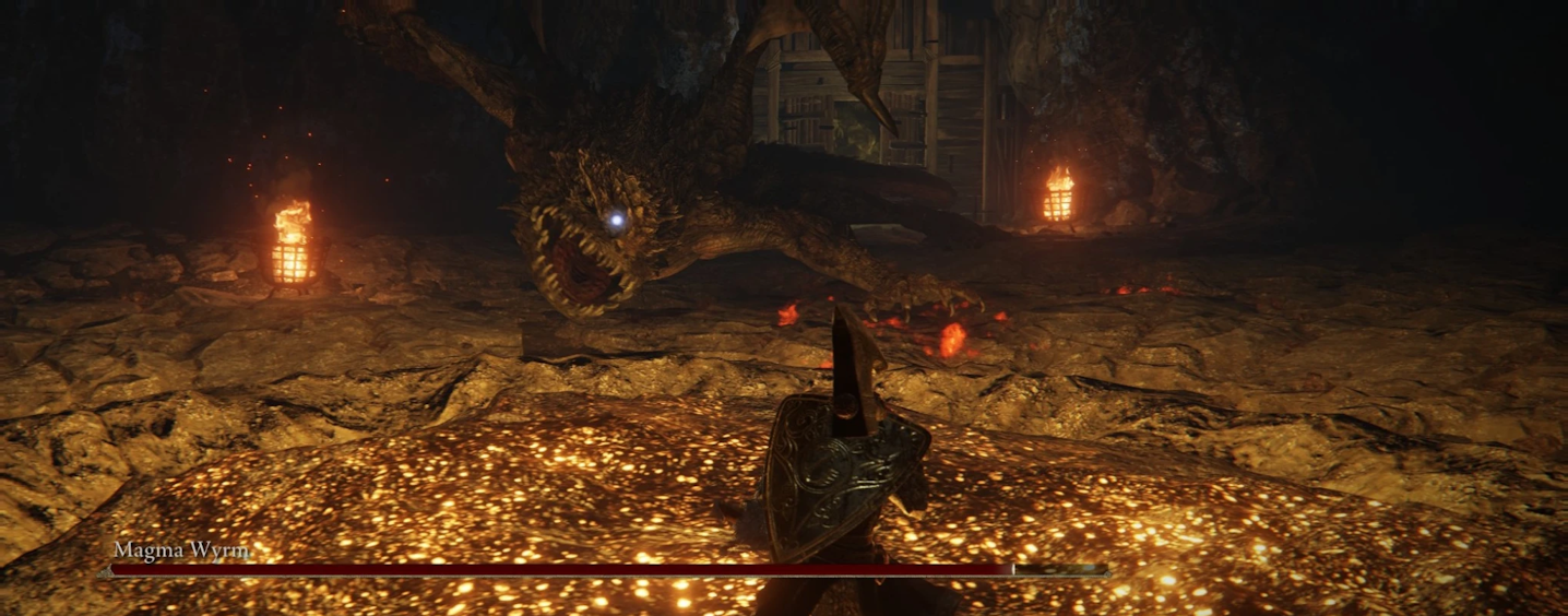 A magma wyrm raises a sword to strike the player.