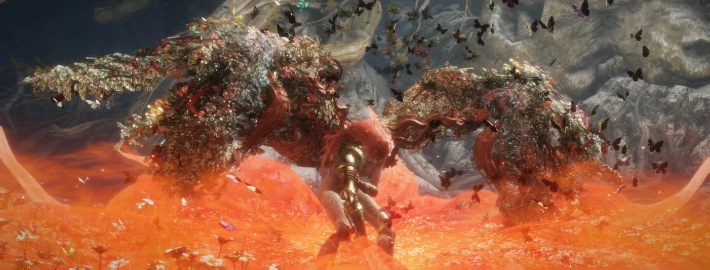Malenia, rising winged in a shroud of scarlet magic and butterflies red.