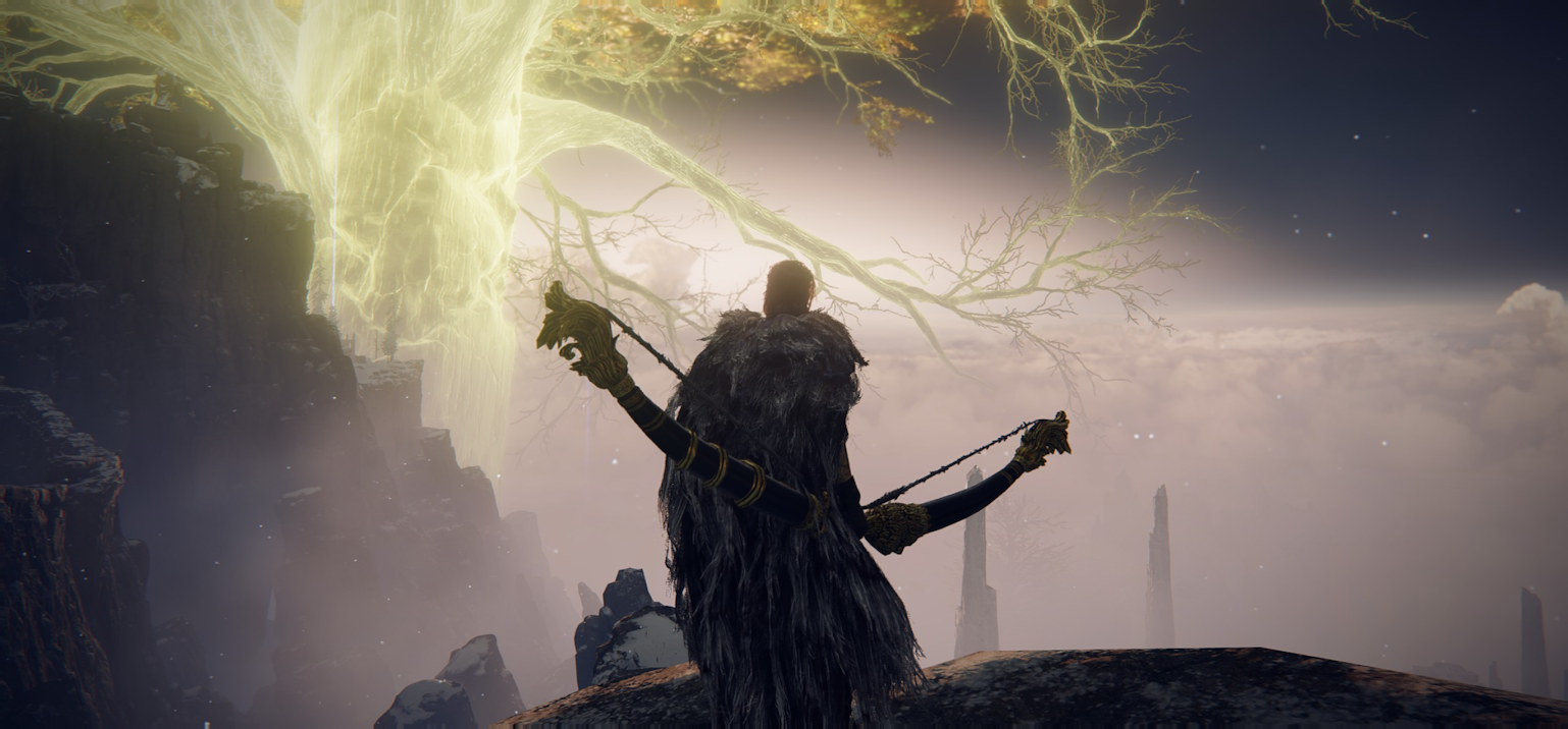 The player holds a great bow, standing before a fantastic mountaintops valley peaked with snow - the golden Erdtree framing much of the sky.