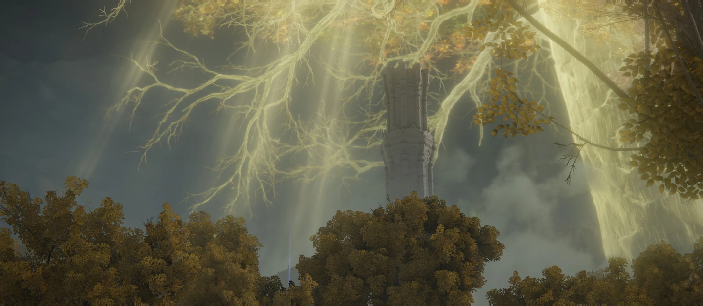 A distant tower amidst golden boughs.