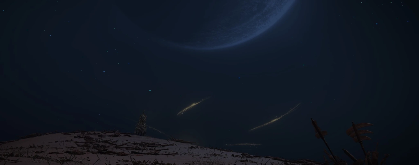 A wolf-man stands atop a dune dwarfed by the night sky and a cold moon.