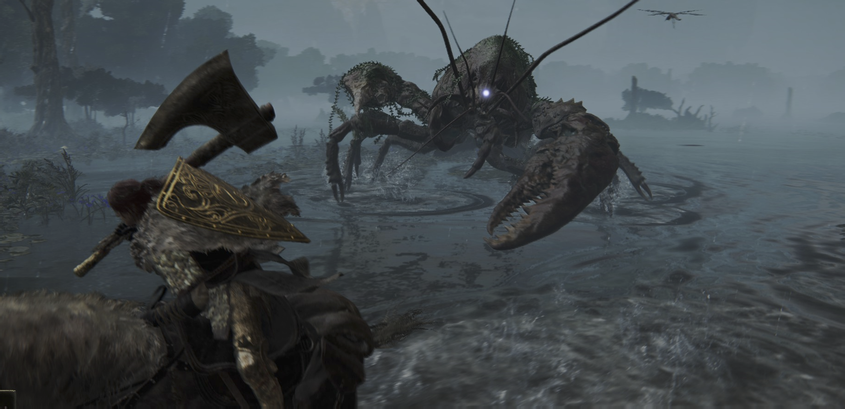 A colossal lobster surges towards a the player, who is desperately wheeling their mount away.