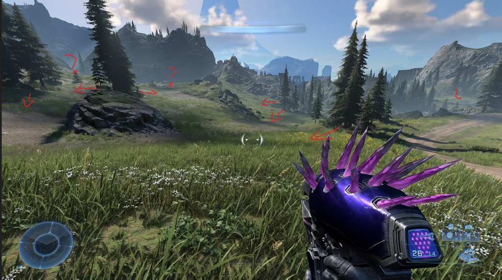 An field with red scribbles highlighting the bizarre standalone tree clusters.
