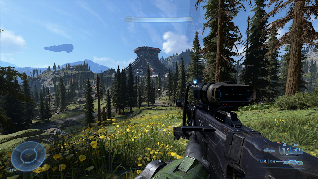 A sniper rifle in hand; a field of yellow flowers; a distant metal ziggurat and further blued mountains - a hanging ship.