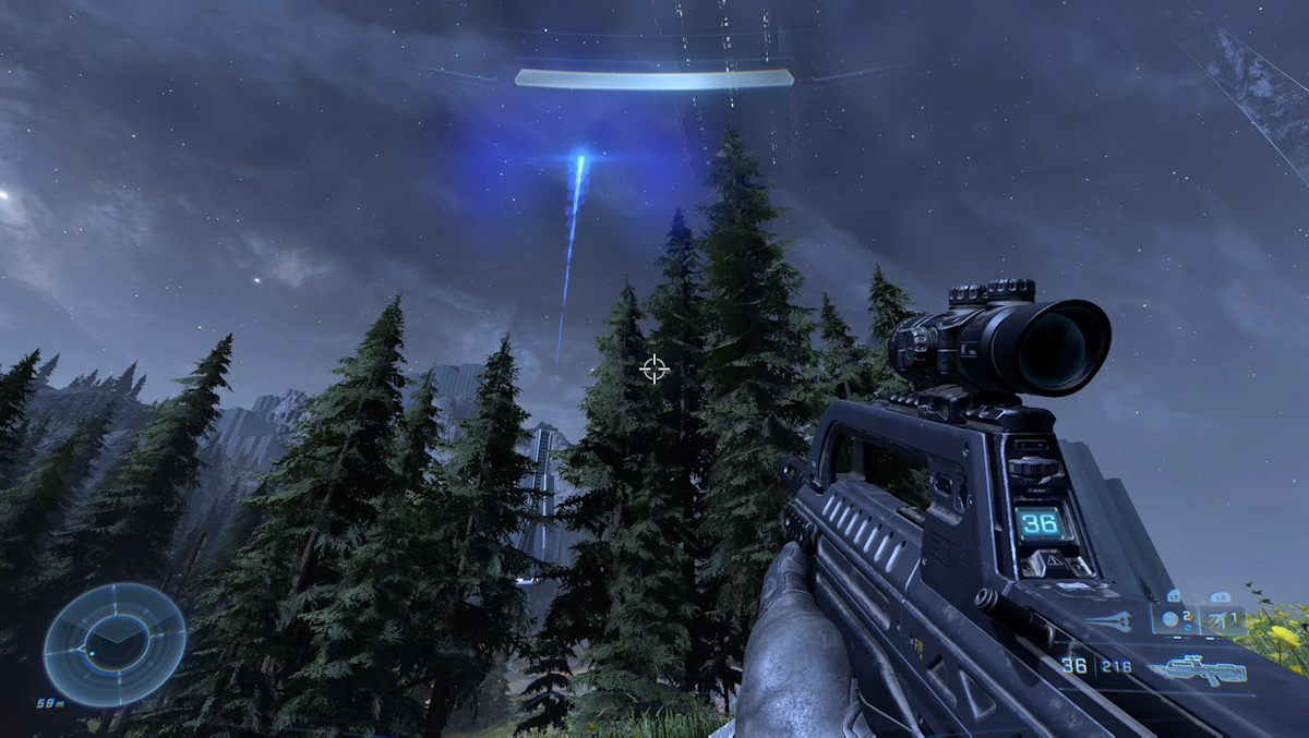 A blue mote of light shoots upwards through a stand of evergreens.