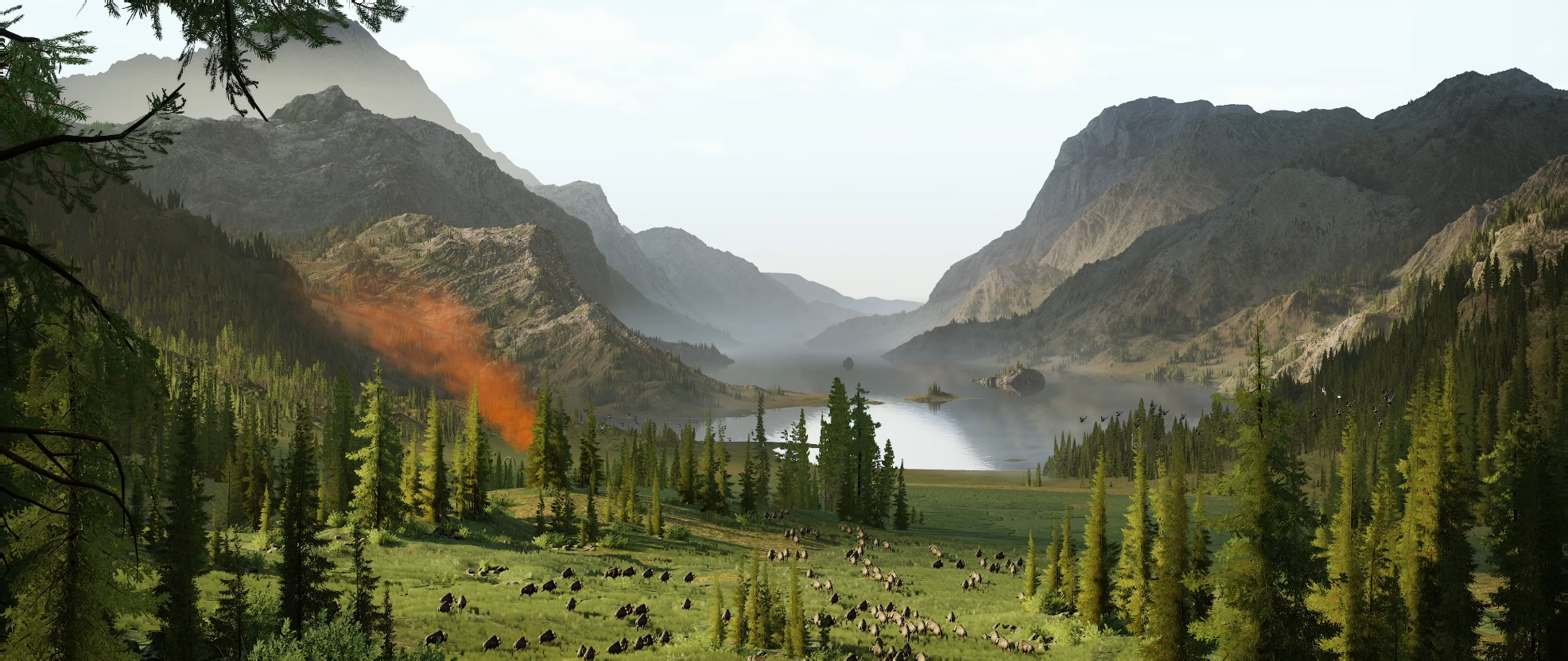 A truly realistic vista of tall craggly mountains and thousands of evergreen trees, with a herd of at least fifty beasts migrating to a large lake.