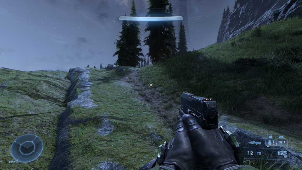 An example of terrain running up abrubtly to a rock shelf with a low-res green texture over it.