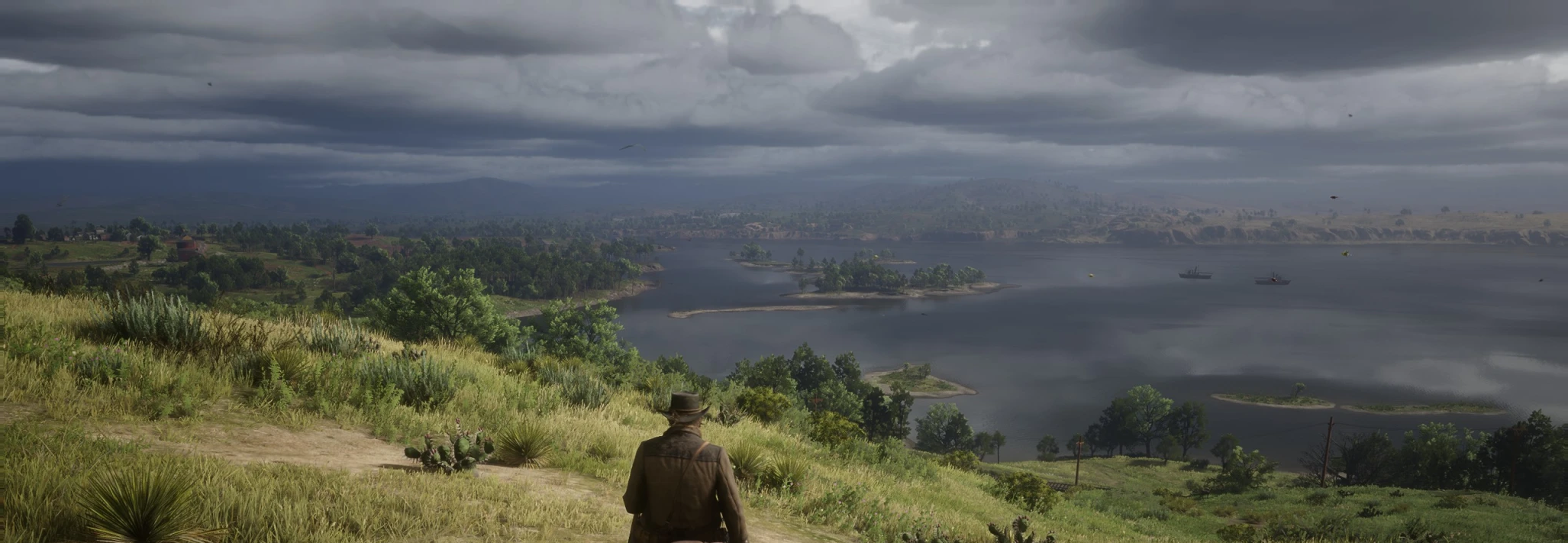A green-blue vista of threatening clouds and rolling hills and a lake in Read Dead 2.
