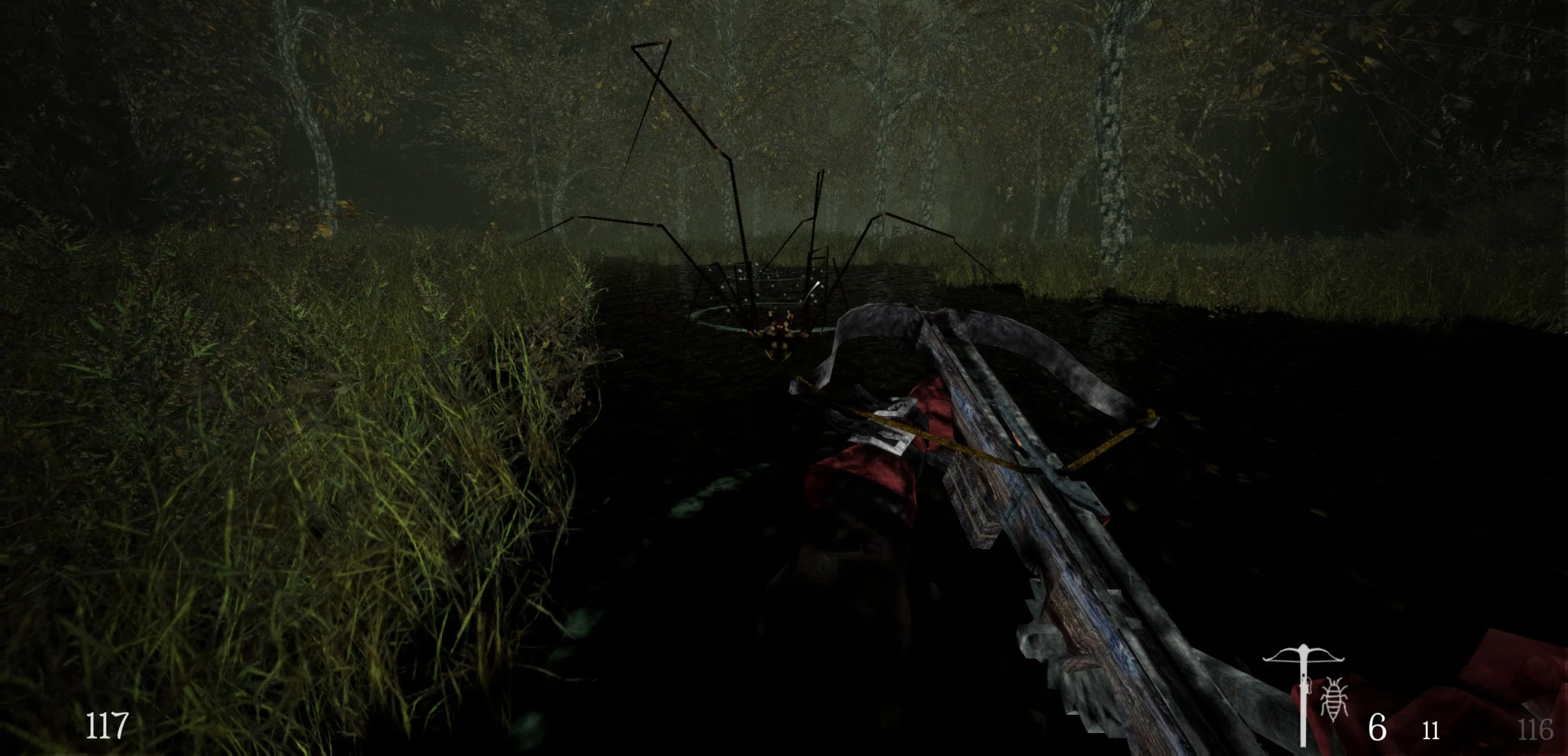 Northern Journey: Reloading a corssbow in front of a giant spindly bog spider.