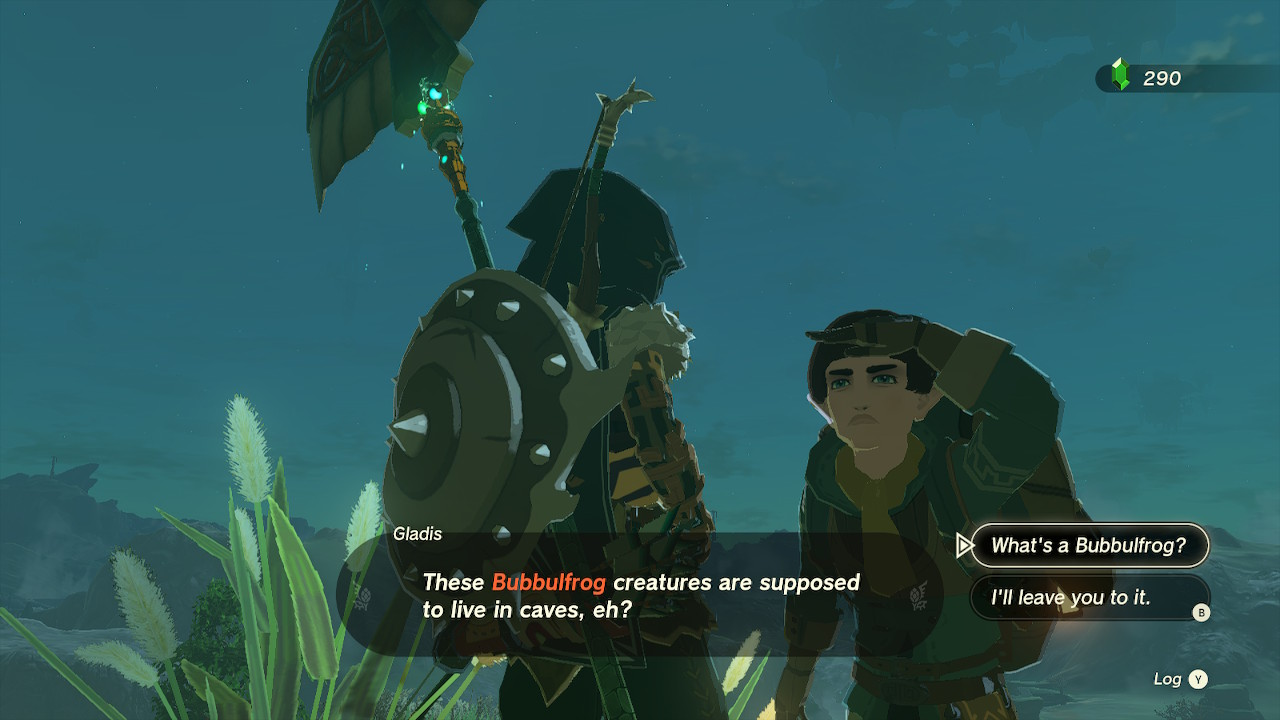 A zelda NPC looks suspiciously at you, saying "These Bubbulfrog creatures are supposed to live in caves, eh?"